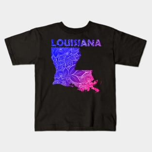 Colorful mandala art map of Louisiana with text in blue and violet Kids T-Shirt